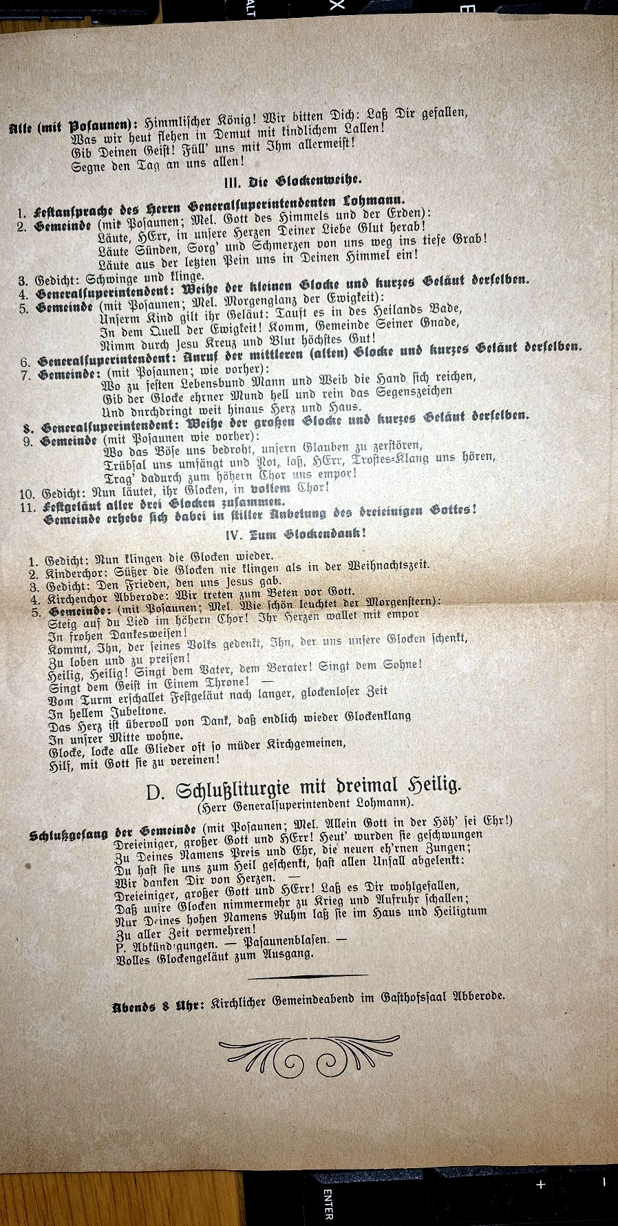 Gedrucktes Programm der Glockenweihe im Kirchspiel Abberode, Seite 2 · Privatsammlung