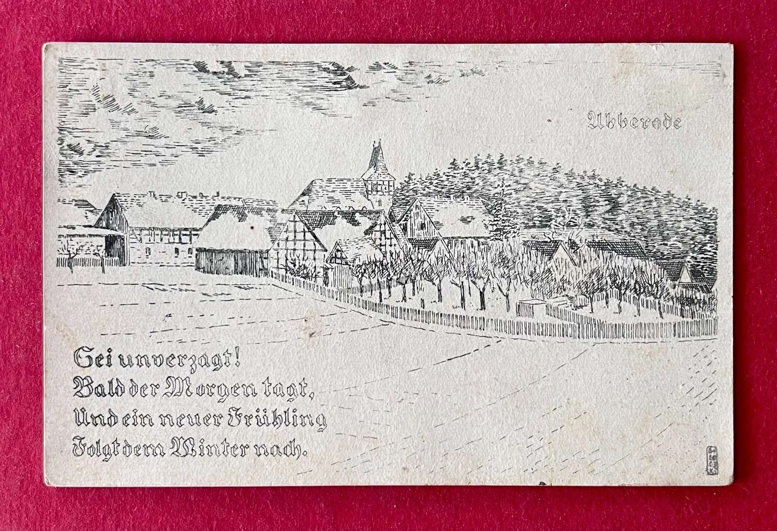 Historische gezeichnete Ansicht der Kirche mit Psalmvers · Privatsammlung