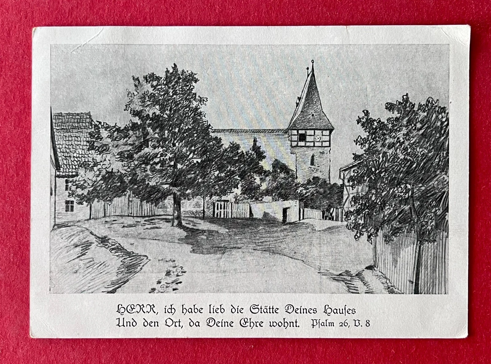 Gezeichnete Ansicht des Abberöder Kirchplatzes auf einer historischen Karte · Privatsammlung
