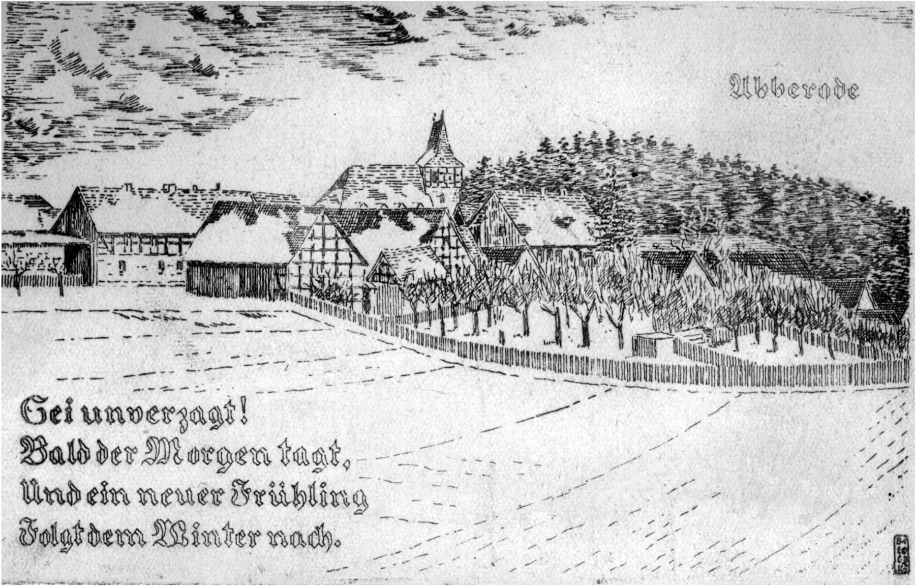 Gezeichnete Winteransicht von Abberode, historische Ansichtskarte · Privatsammlung