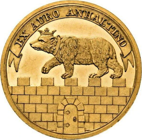 Tilkeröder Golddukat 1825 – Bärenseite „EX AURO ANHALTINO“ · Privatvorlage